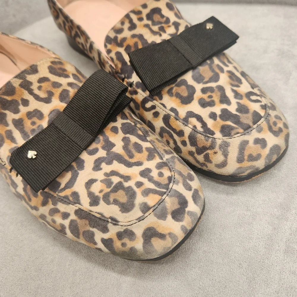 Kate Spade Loafers 8.5 Leopard Tan Leather Daphne Black Bow Logo Animal Print
